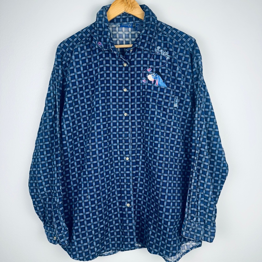 VTG Winnie The Pooh Shirt Womens Size XL Blue Corduroy Button Up Eeyore 90s EUC